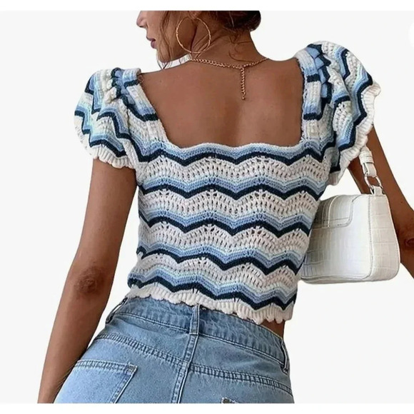 Altar'd State Womens Fashion Wave Stripe Print Crochet Top Blue Sz Small - Picture 1 of 9